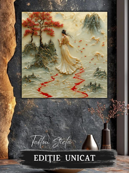 Mockup 3 – Tablou pentru living – Zbor sub luna aurie: Un răgaz de libertate între păsări, lună și munți, print UV pe sticlă securizată | Art-Zen