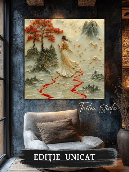 Mockup 4 – Tablou pentru living – Zbor sub luna aurie: Un răgaz de libertate între păsări, lună și munți, print UV pe sticlă securizată | Art-Zen