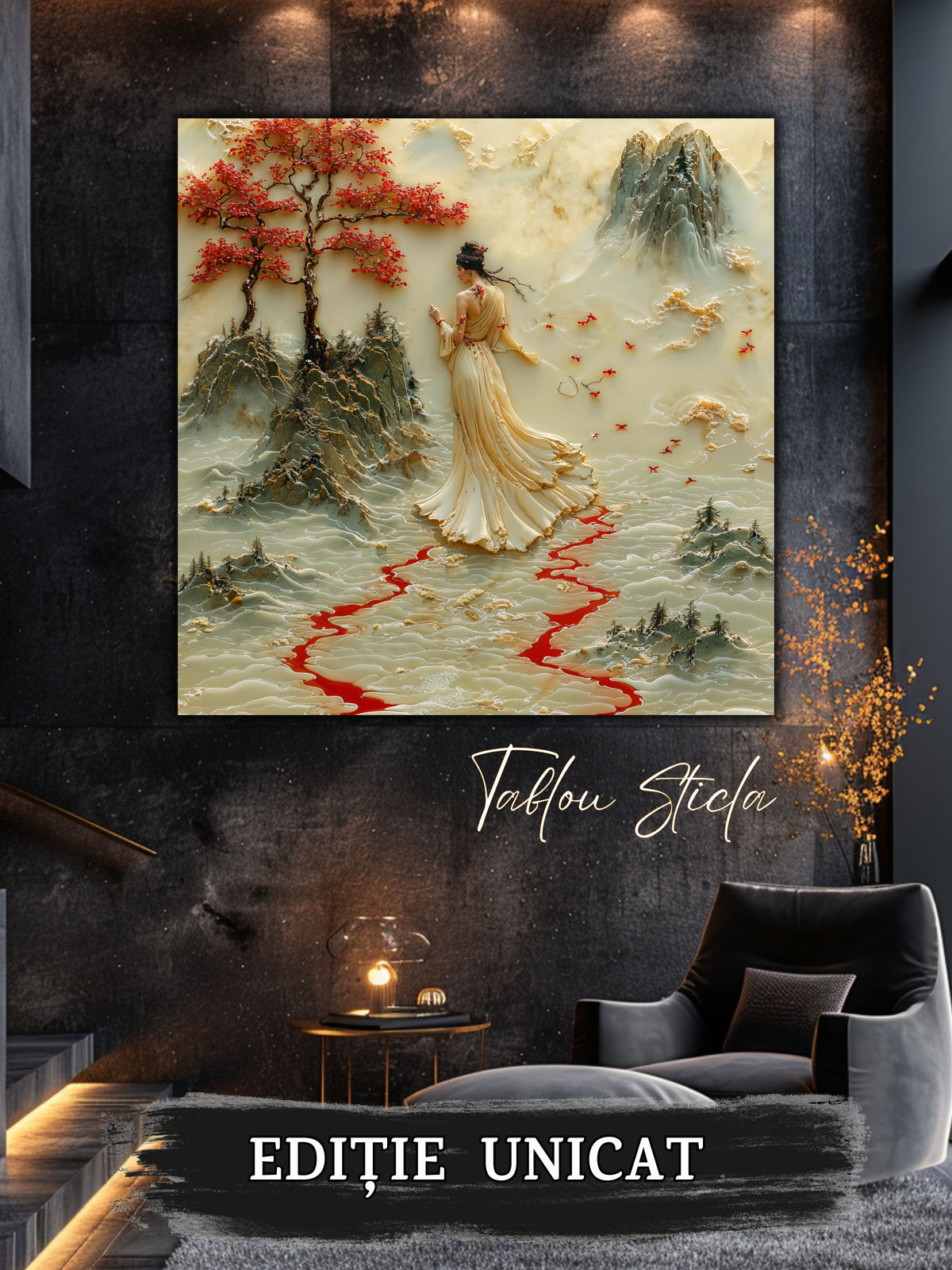 Mockup 5 – Tablou pentru living – Zbor sub luna aurie: Un răgaz de libertate între păsări, lună și munți, print UV pe sticlă securizată | Art-Zen