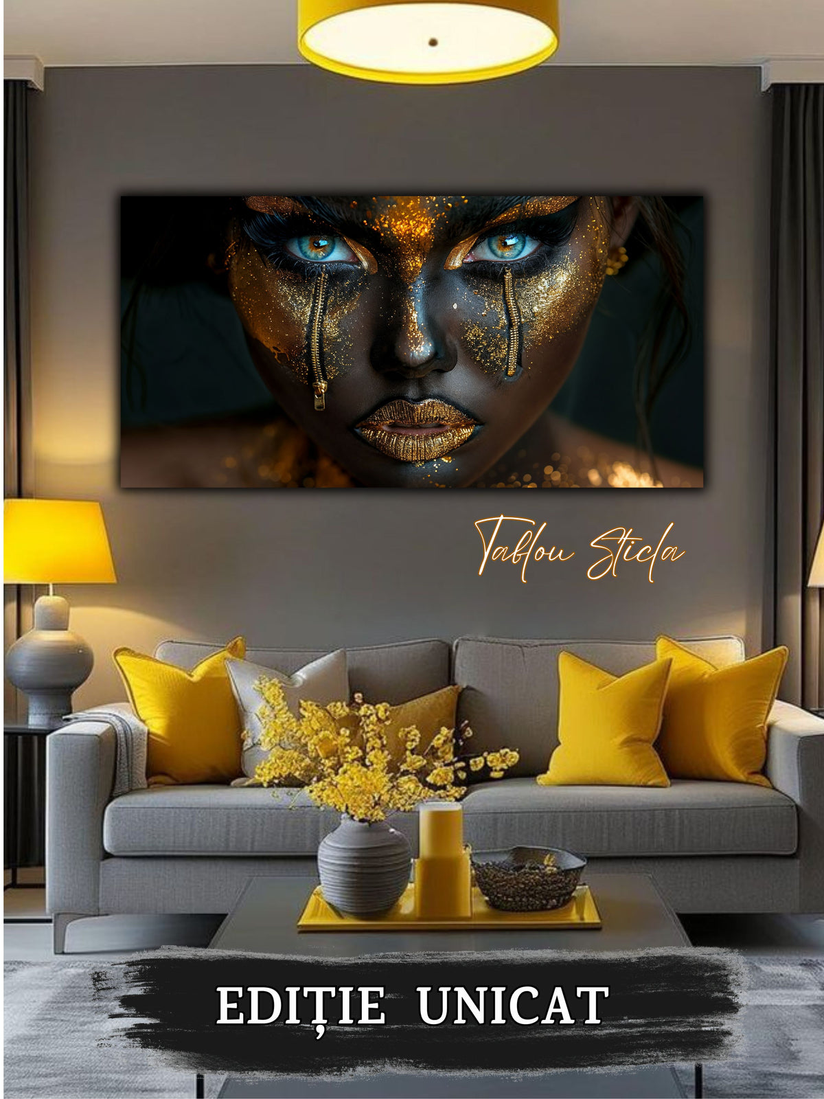 Tablou living elegant Durere Aurie din sticla securizata 4mm - mockup detaliu 4