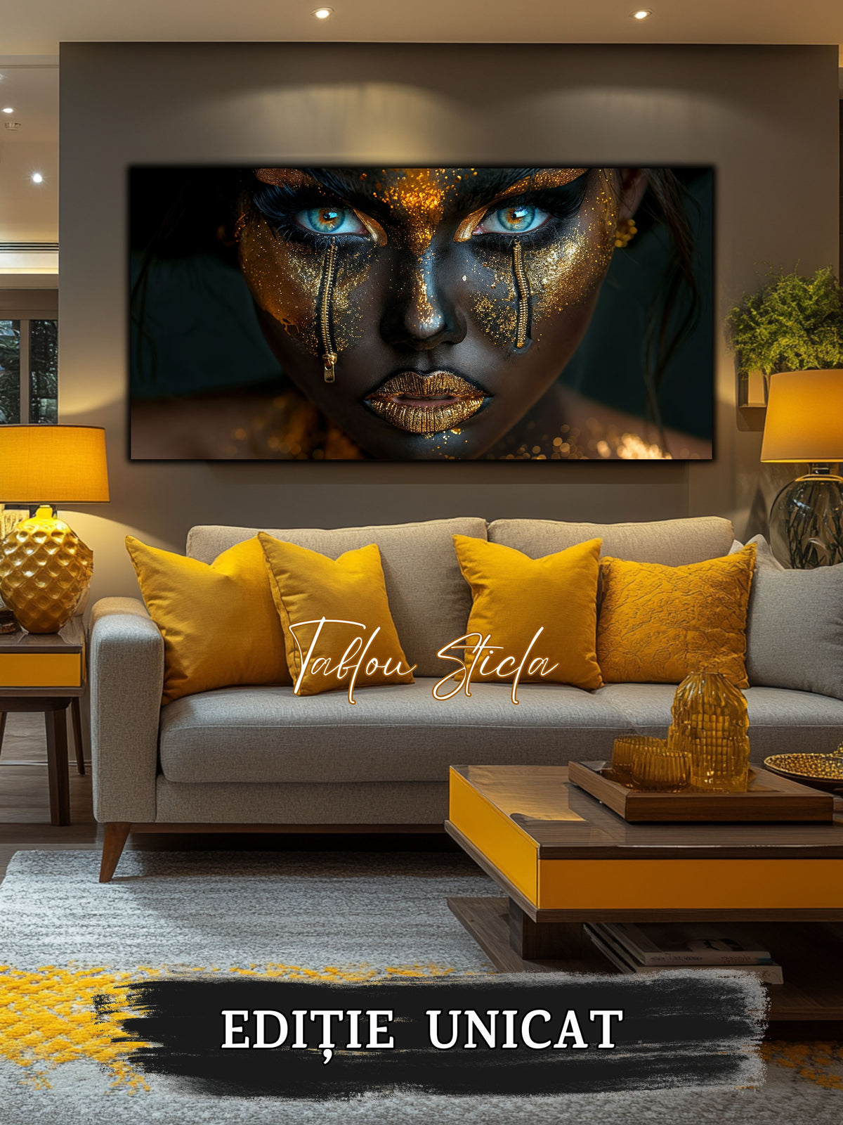 Tablou living elegant Durere Aurie din sticla securizata 4mm - mockup detaliu 3