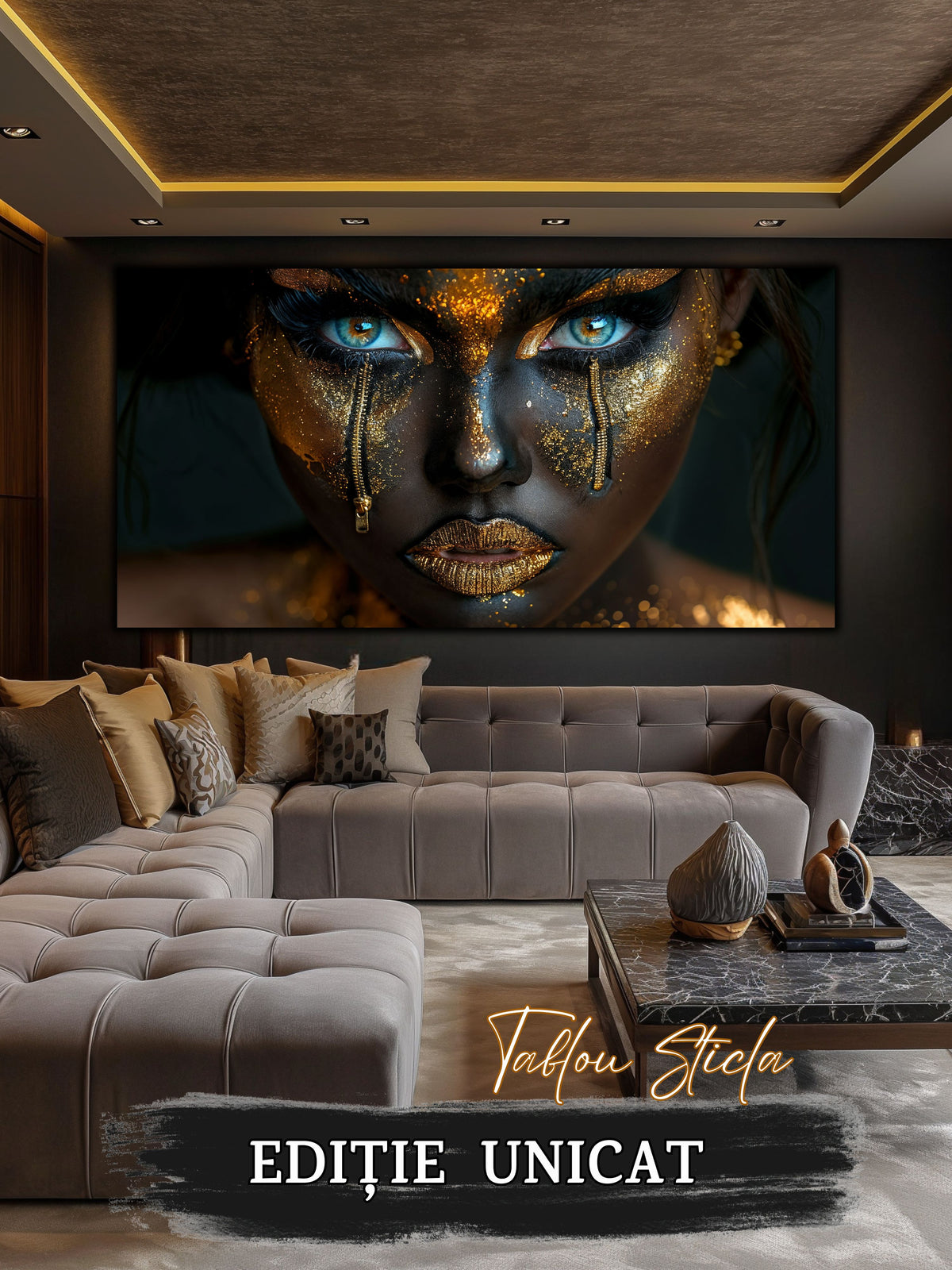Tablou living elegant Durere Aurie din sticla securizata 4mm - mockup detaliu 1