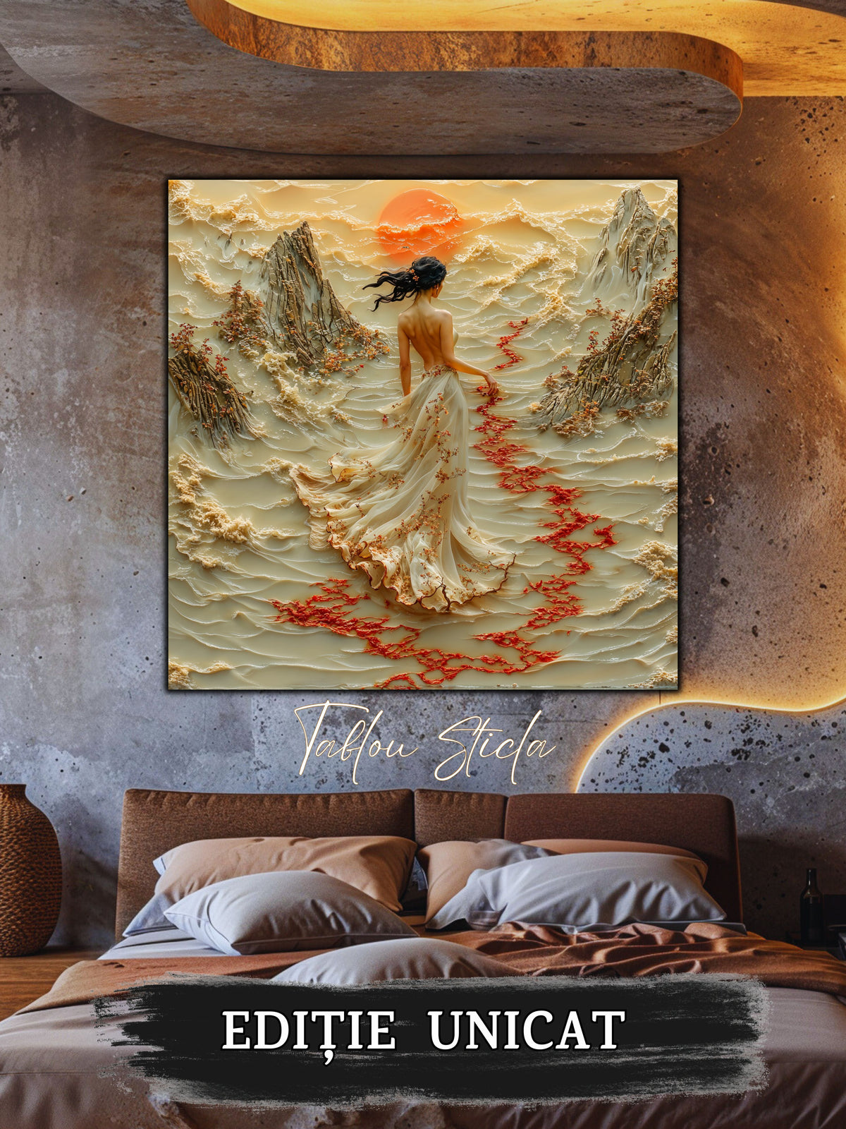 Mockup 1 – Tablou pentru living – Luna de jad: O clipă de liniște sub discul auriu al lunii, print UV pe sticlă securizată | Art-Zen