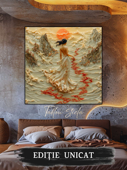 Mockup 1 – Tablou pentru living – Luna de jad: O clipă de liniște sub discul auriu al lunii, print UV pe sticlă securizată | Art-Zen