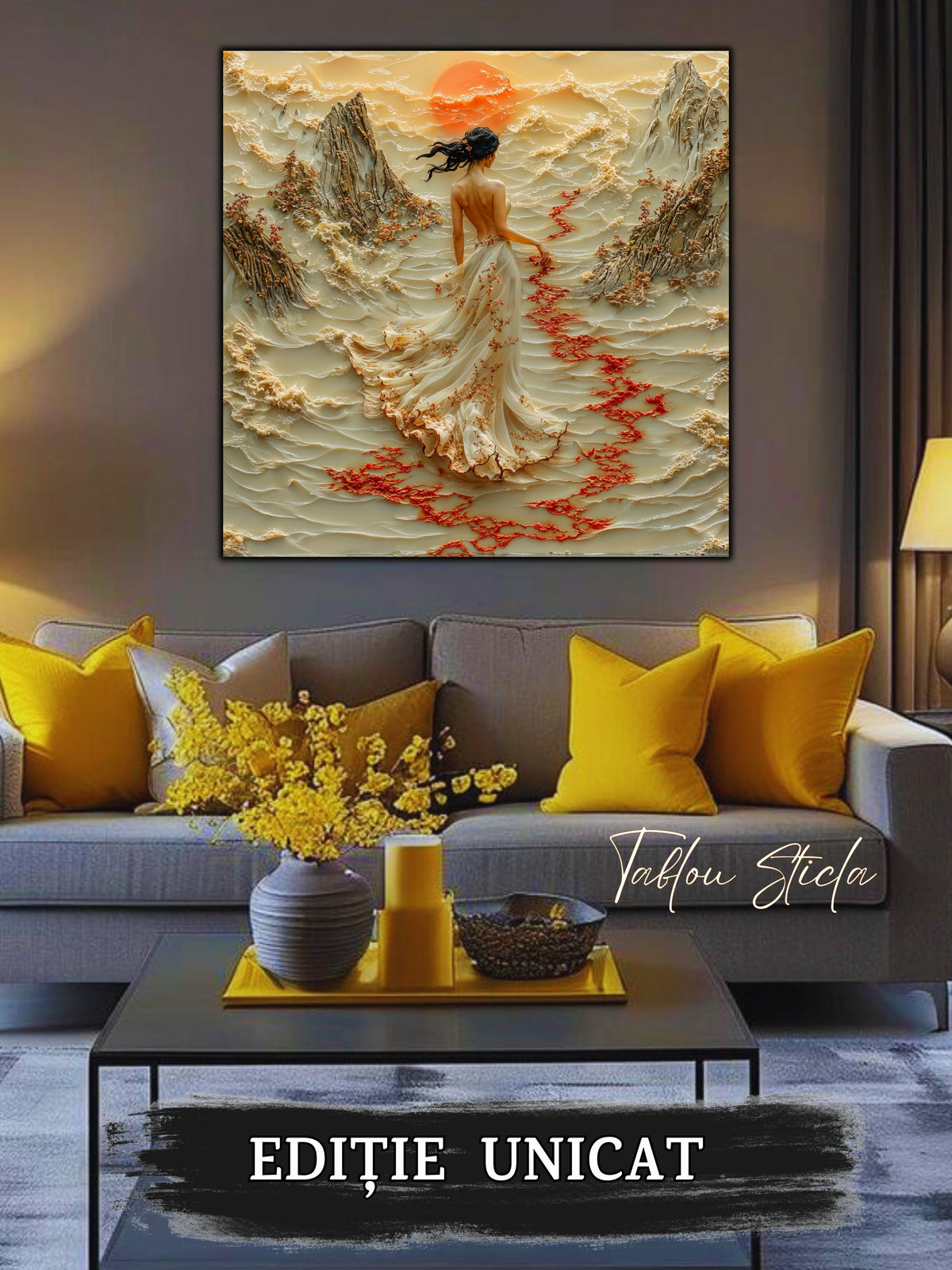 Mockup 2 – Tablou pentru living – Luna de jad: O clipă de liniște sub discul auriu al lunii, print UV pe sticlă securizată | Art-Zen