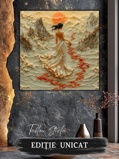 Mockup 3 – Tablou pentru living – Luna de jad: O clipă de liniște sub discul auriu al lunii, print UV pe sticlă securizată | Art-Zen