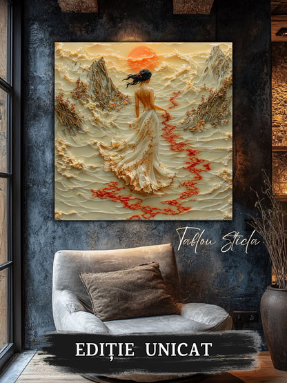 Mockup 4 – Tablou pentru living – Luna de jad: O clipă de liniște sub discul auriu al lunii, print UV pe sticlă securizată | Art-Zen