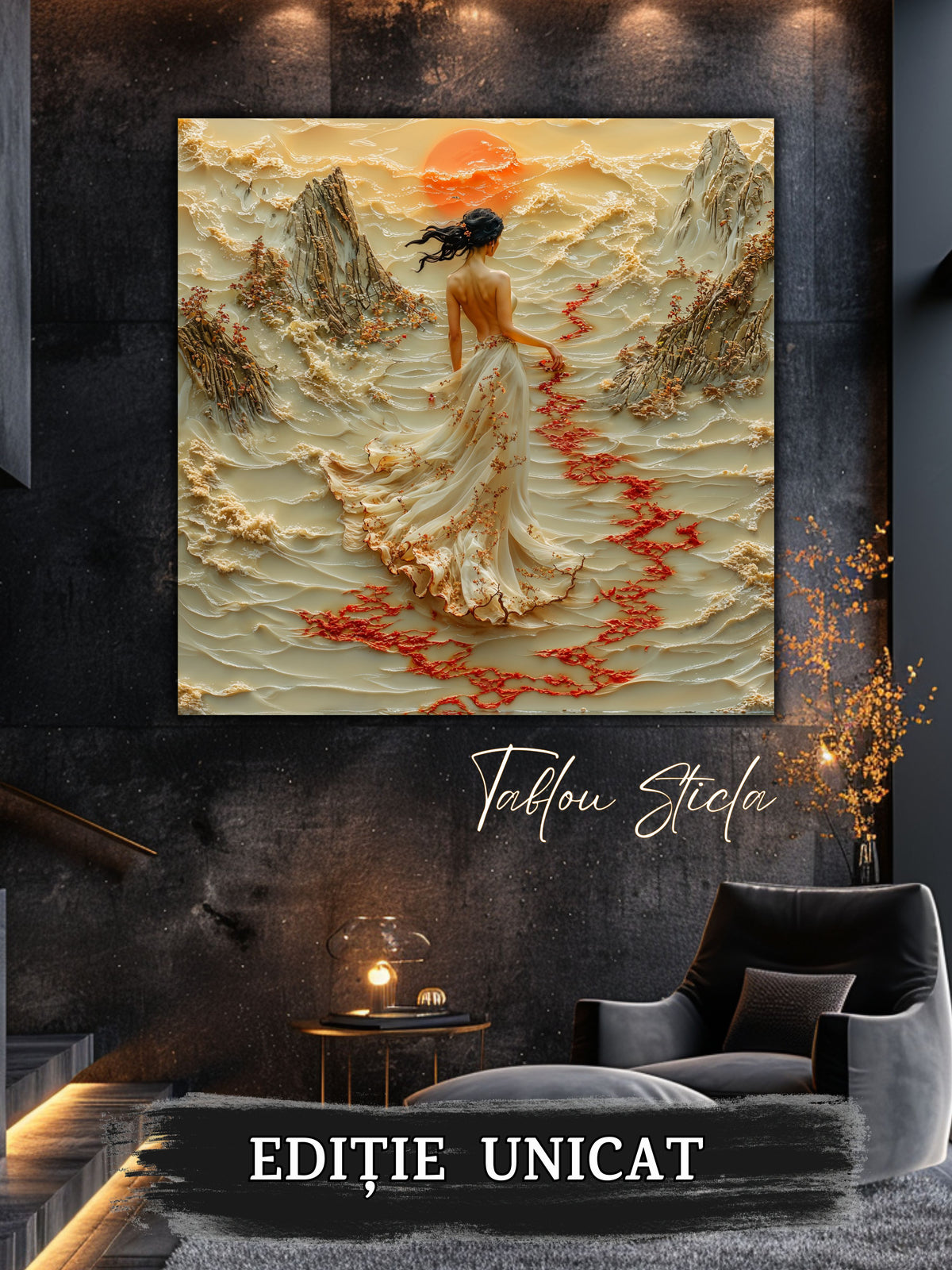 Mockup 5 – Tablou pentru living – Luna de jad: O clipă de liniște sub discul auriu al lunii, print UV pe sticlă securizată | Art-Zen