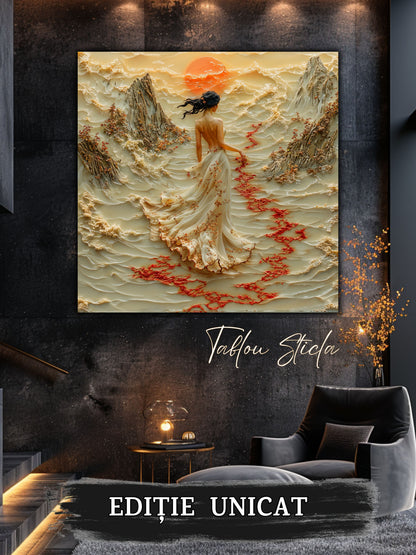 Mockup 5 – Tablou pentru living – Luna de jad: O clipă de liniște sub discul auriu al lunii, print UV pe sticlă securizată | Art-Zen