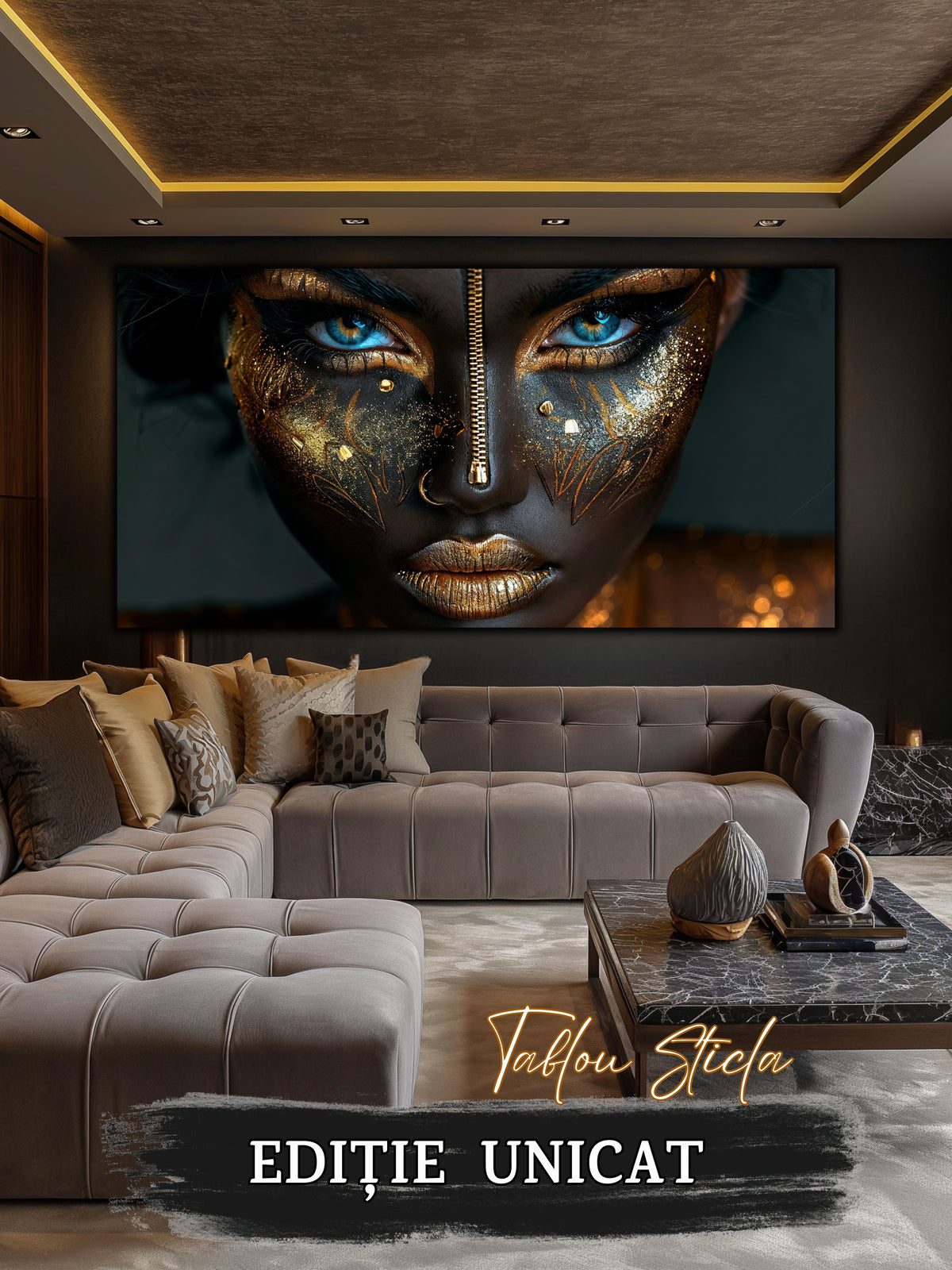 Tablou living modern Adevar Inchis din sticla securizata 4mm - mockup detaliu 4