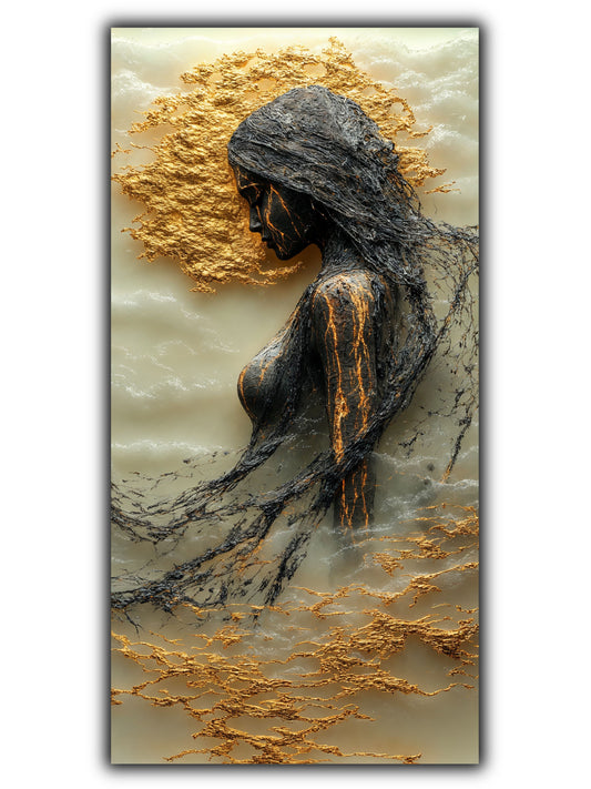 Tablou cu portret abstract in nuante de grafit si ocru, cu semiprofil feminin delicat, care se destrama.