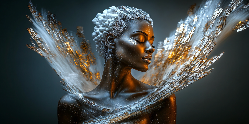 Portret sculptural cu aripi argintii și lumină aurie