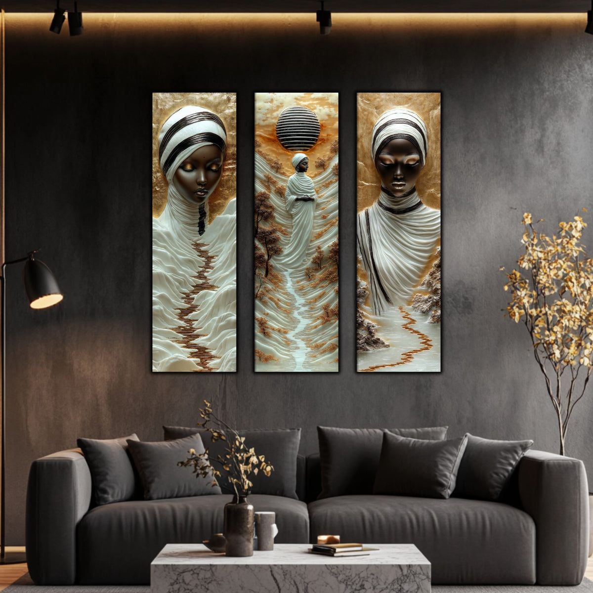 Set Tablouri pt Decorul Elegant al Livingului - 3 Tablouri pe Sticla - Veil of Serenity NO09