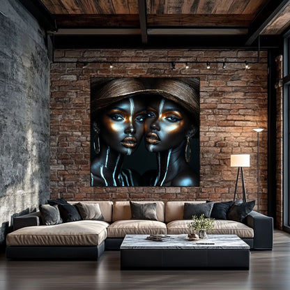 Tablou living mare Parallel Faces sticla securizata 4mm - mockup vedere 1
