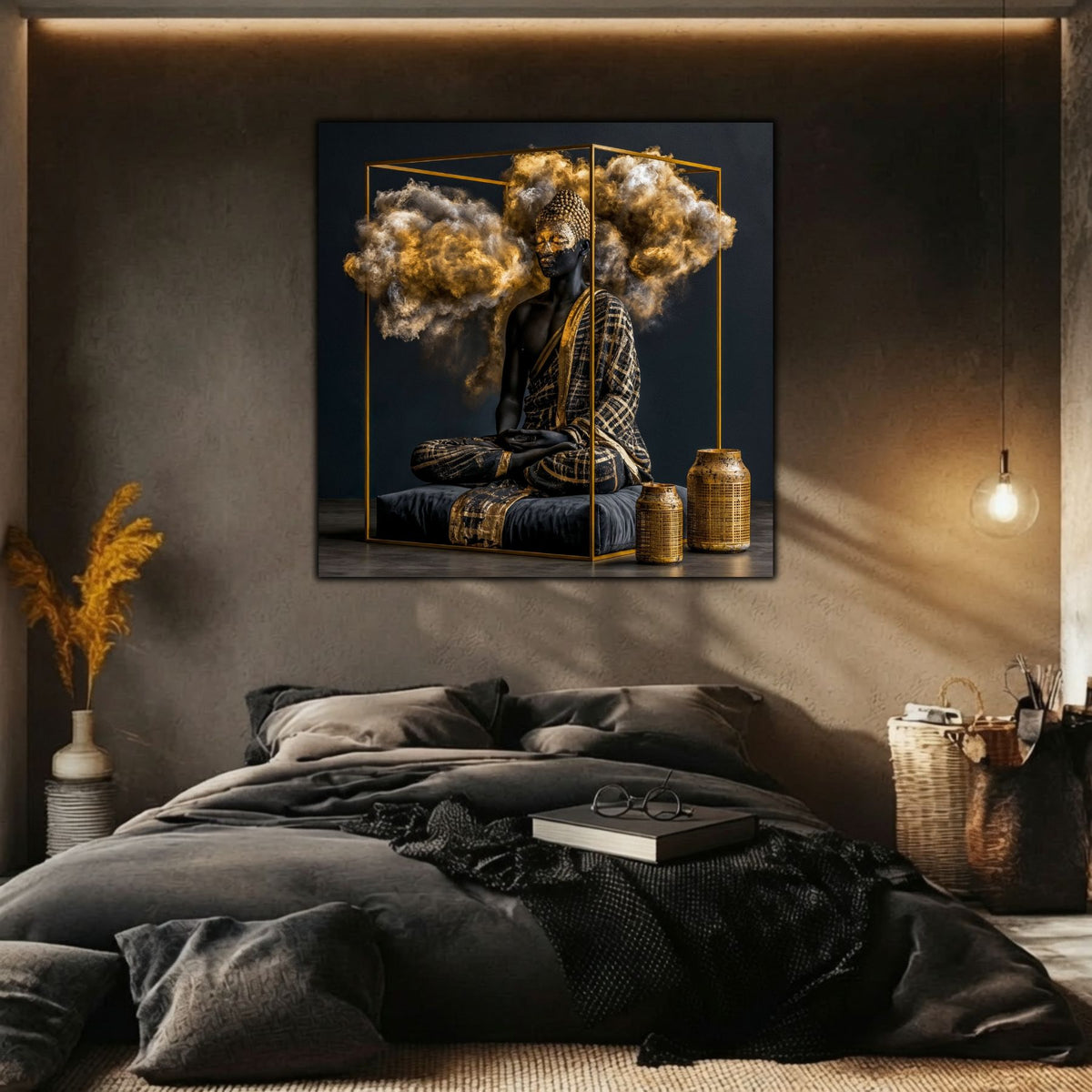 Integrare tablou în decor interior modern, cu iluminare dramatică și estetică minimalistă.
