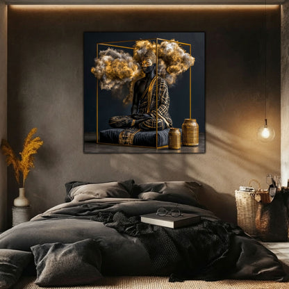 Integrare tablou în decor interior modern, cu iluminare dramatică și estetică minimalistă.