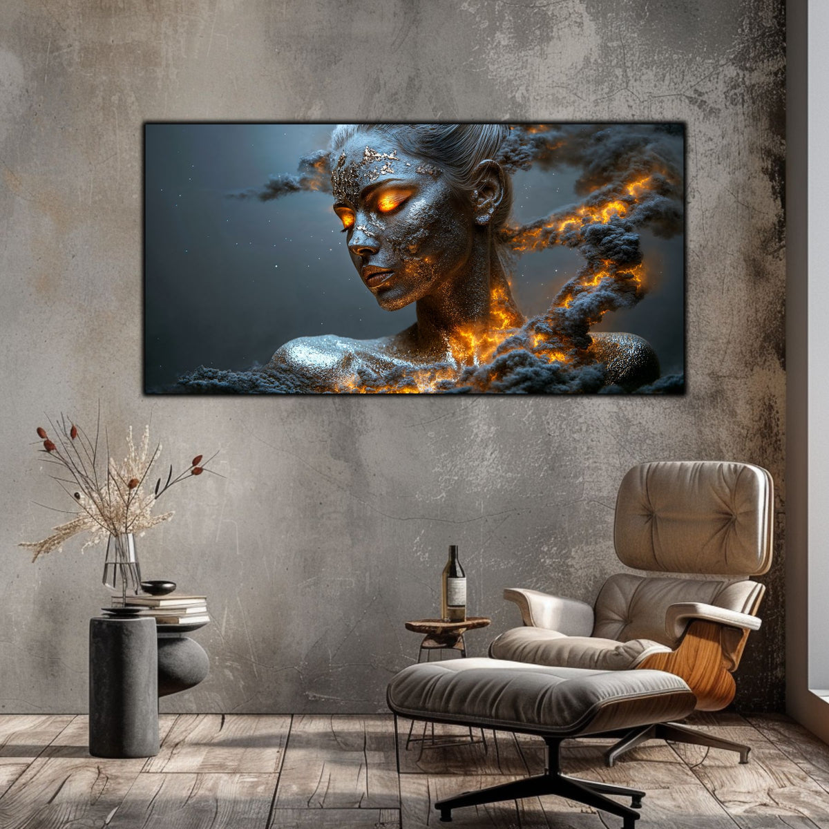 Tablou living Dincolo de Flacără pe perete de beton într-un interior industrial cu fotoliu Eames