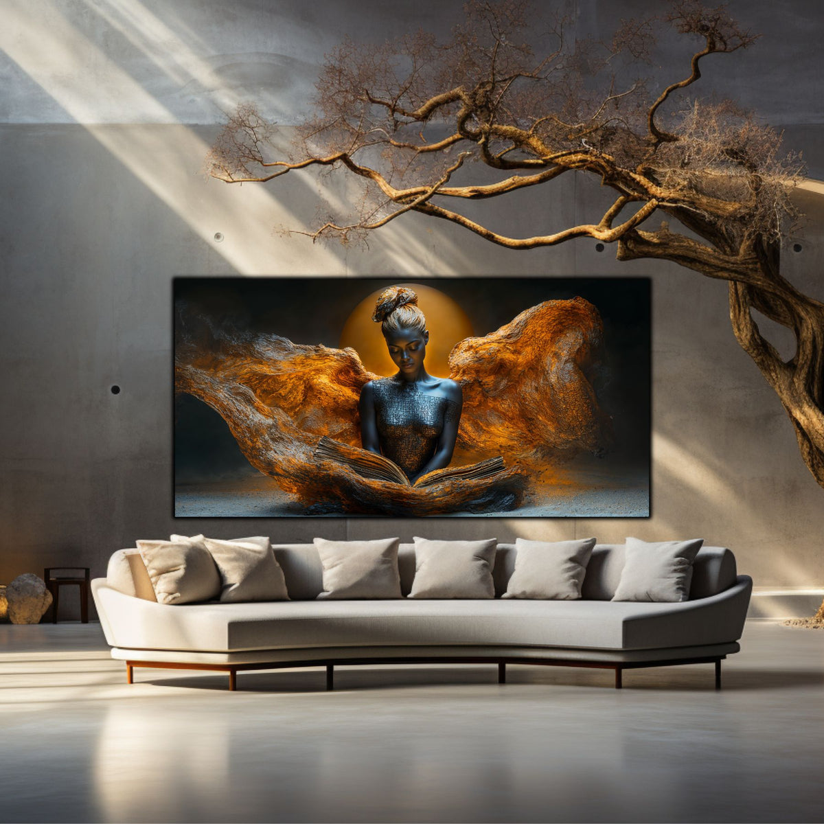 Tablou decorativ Beyond cu meditație în foc deasupra canapelei crem într-un living cu copac decorativ
