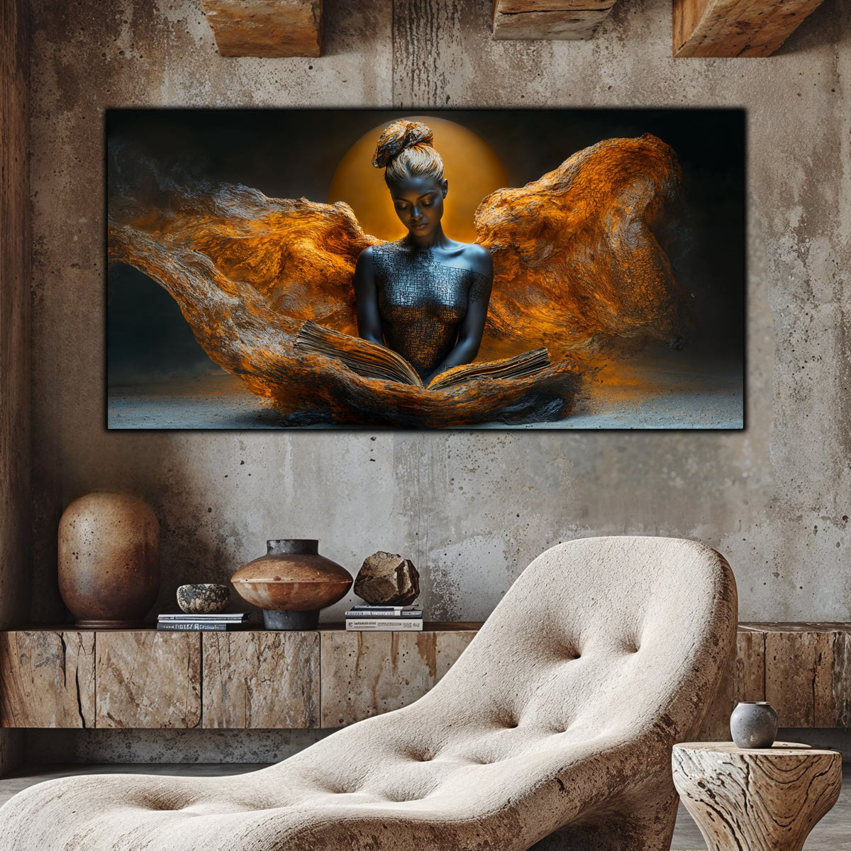 Tablou living Dincolo de Foc pe perete de piatră brută cu fotoliu crem într-un interior rustic natural