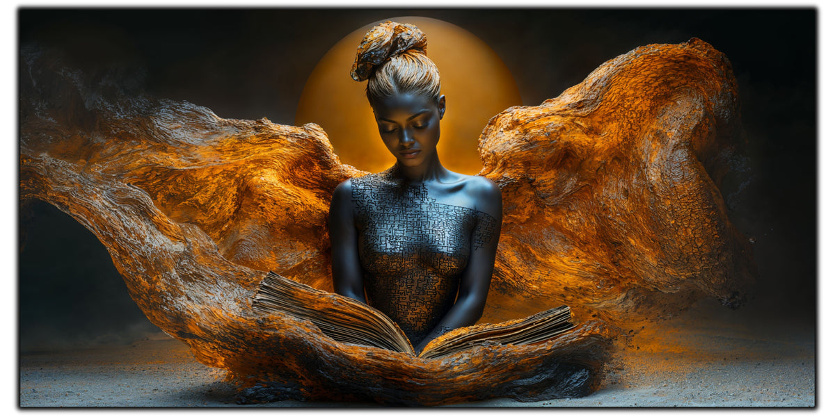 Figură feminină neagră în meditație cu aripi de foc auriu și soare palid – tablou pe sticlă securizată Beyond | Art Zen