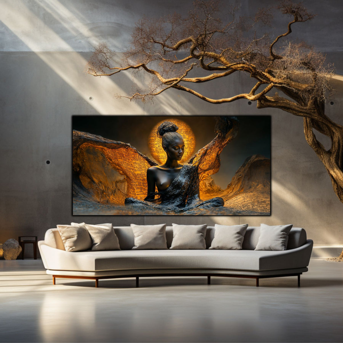 Tablou prinat pe sticla cu portret meditativ, pe un perete de beton dintr-o sufragerie cu design avangardist si zen