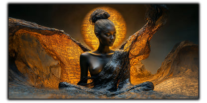 Tablou pentru living Stone Prayer pe sticlă securizată, figură feminină cu aripi de piatră și soare auriu, colecția Sacred Stillness Art-Zen