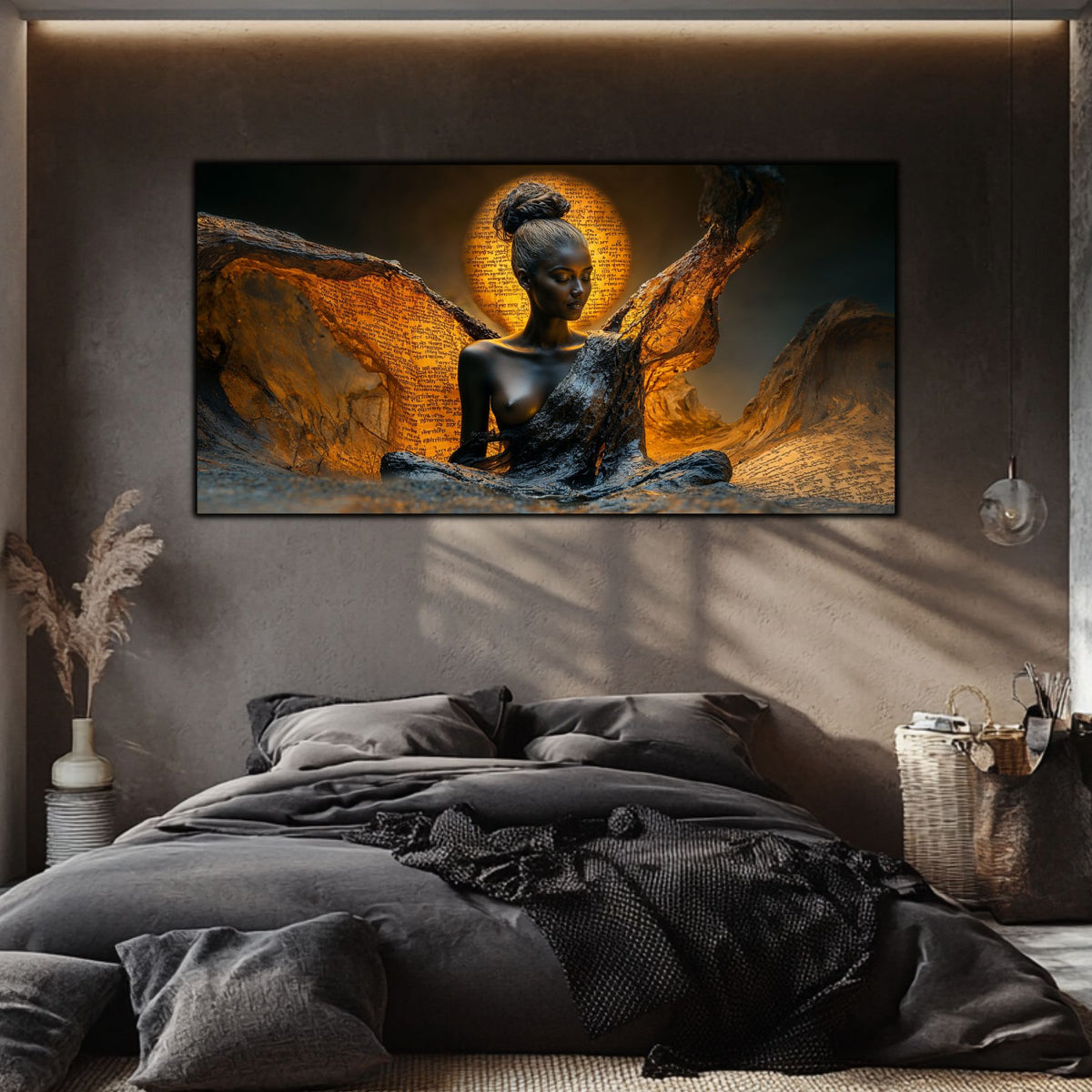 Prezență feminină neagră în meditație cu aripi de piatră și soare auriu – tablou pe sticlă securizată Beyond | Art Zen