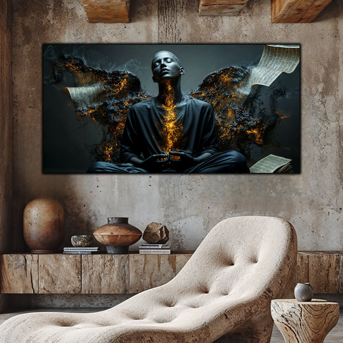 Tablou living Dincolo de Lumină în living cu fotoliu crem și pereți din piatră naturală