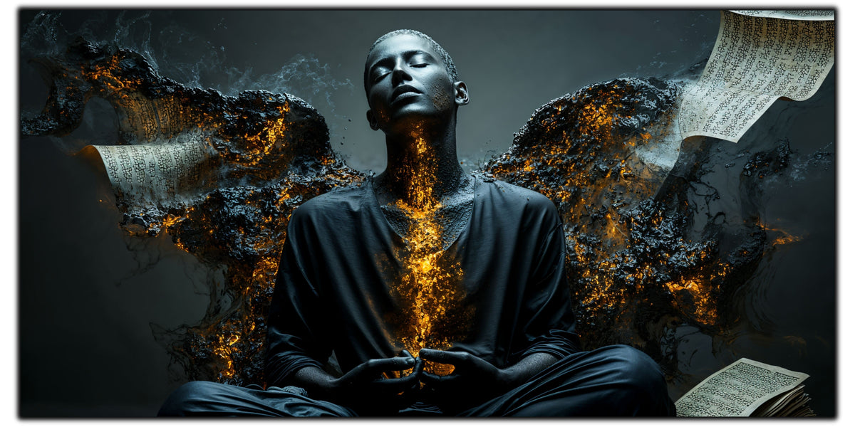 Tablou pentru living Inner Ember pe sticlă securizată, figură masculină meditativă cu aur incandescent, colecția Sacred Stillness Art-Zen