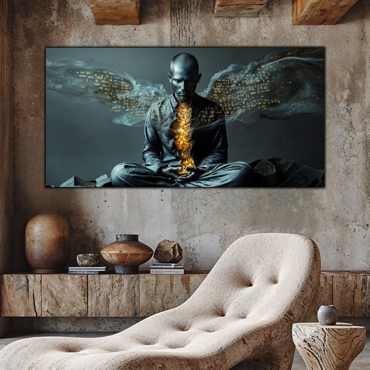 Tablou decorativ Beyond cu meditație masculină aurie pe perete de piatră cu fotoliu crem