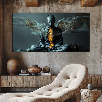 Tablou decorativ Beyond cu meditație masculină aurie pe perete de piatră cu fotoliu crem