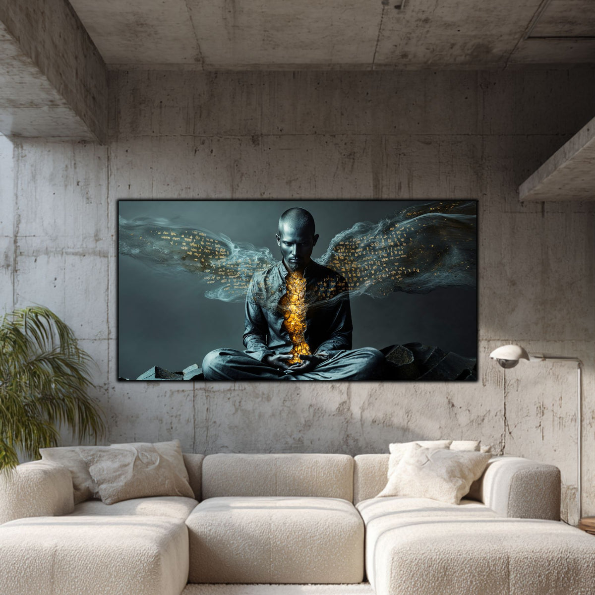 Tablou pentru livingul elegant, deasupra unei canapele confotabile crem deschis.