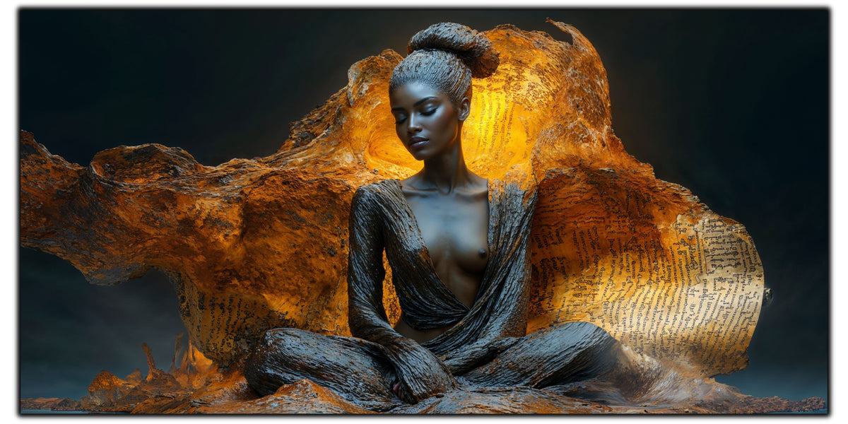 Tablou pentru living Scripted Silence pe sticlă securizată, figură feminină cu aripi de bronz inscripționate, colecția Sacred Stillness Art-Zen