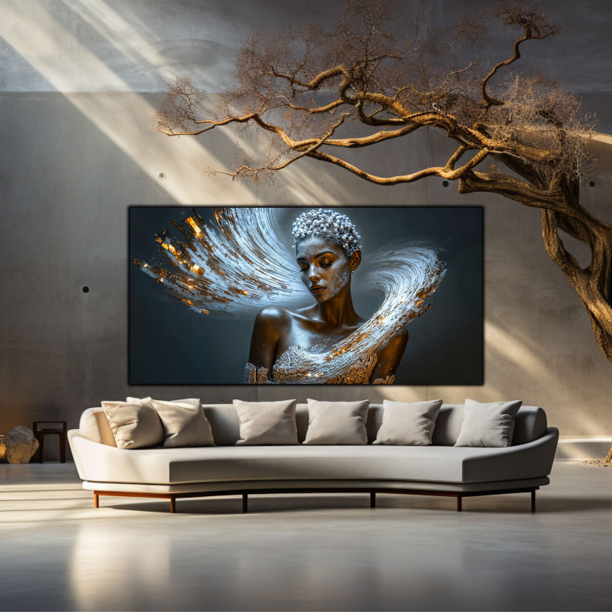 Tablou living Dincolo de Timp pe perete înalt cu copac decorativ uscat și canapea albă într-un interior luminos