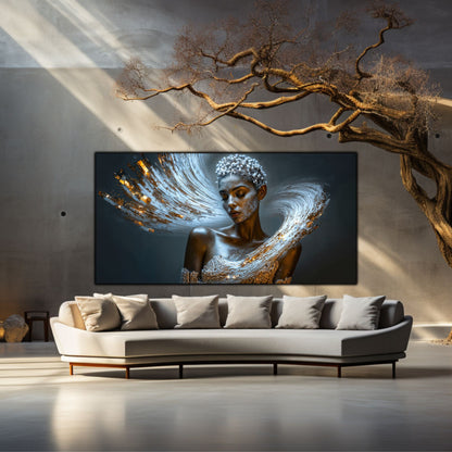 Tablou living Dincolo de Timp pe perete înalt cu copac decorativ uscat și canapea albă într-un interior luminos