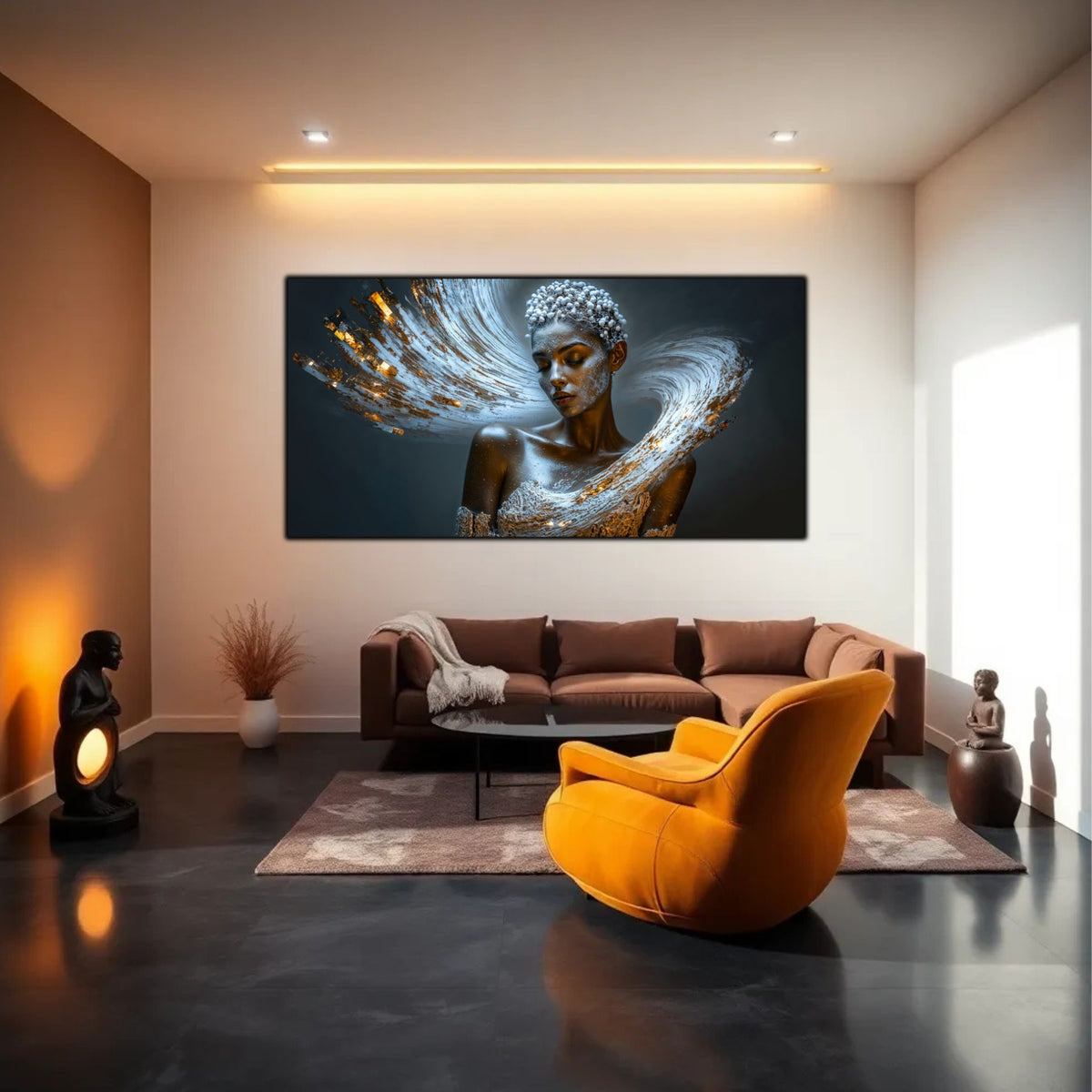Tablou Beyond Art Zen cu portret feminin eteric într-un living minimalist alb cu canapea crem