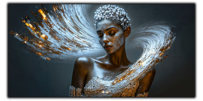 Portret feminin argintiu cu valuri masive de lumină albă și aur pe fond albastru-antracit – tablou pe sticlă securizată Beyond | Art Zen