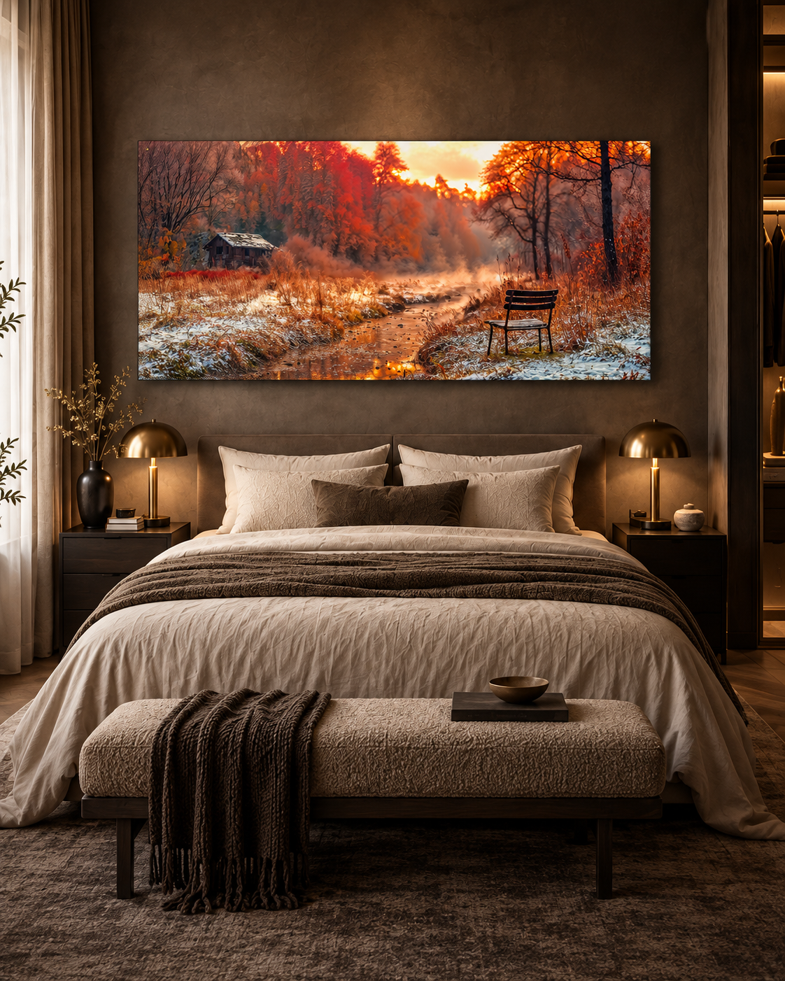 Tablou panoramic cu peisaj de pădure arămie, cabană, pârâu și scaun lângă apă, deasupra unui pat cu lenjerie crem într-un dormitor cu lumină caldă.