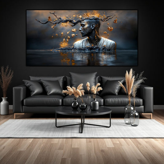 Tablou sufragerie suprarealist Geneza Fragmentată, artă pe sticlă securizată cu design abstract despre creație, decor perete modern pentru sufragerie.