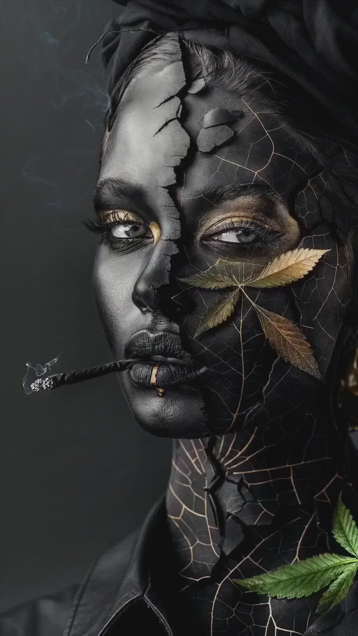 Animatie cu imaginea unui tablou printat pe sticla cu imaginea unui personaj feminin.