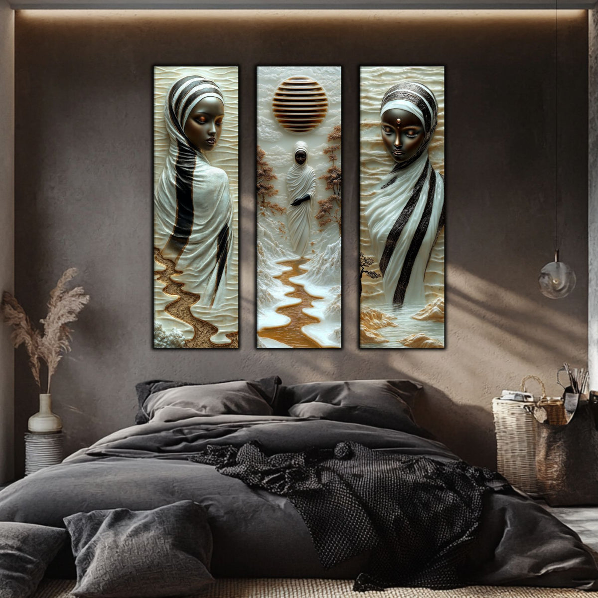 Set Tablouri pt Decorul Elegant al Livingului - 3 Tablouri pe Sticla - Veil of Serenity NO05