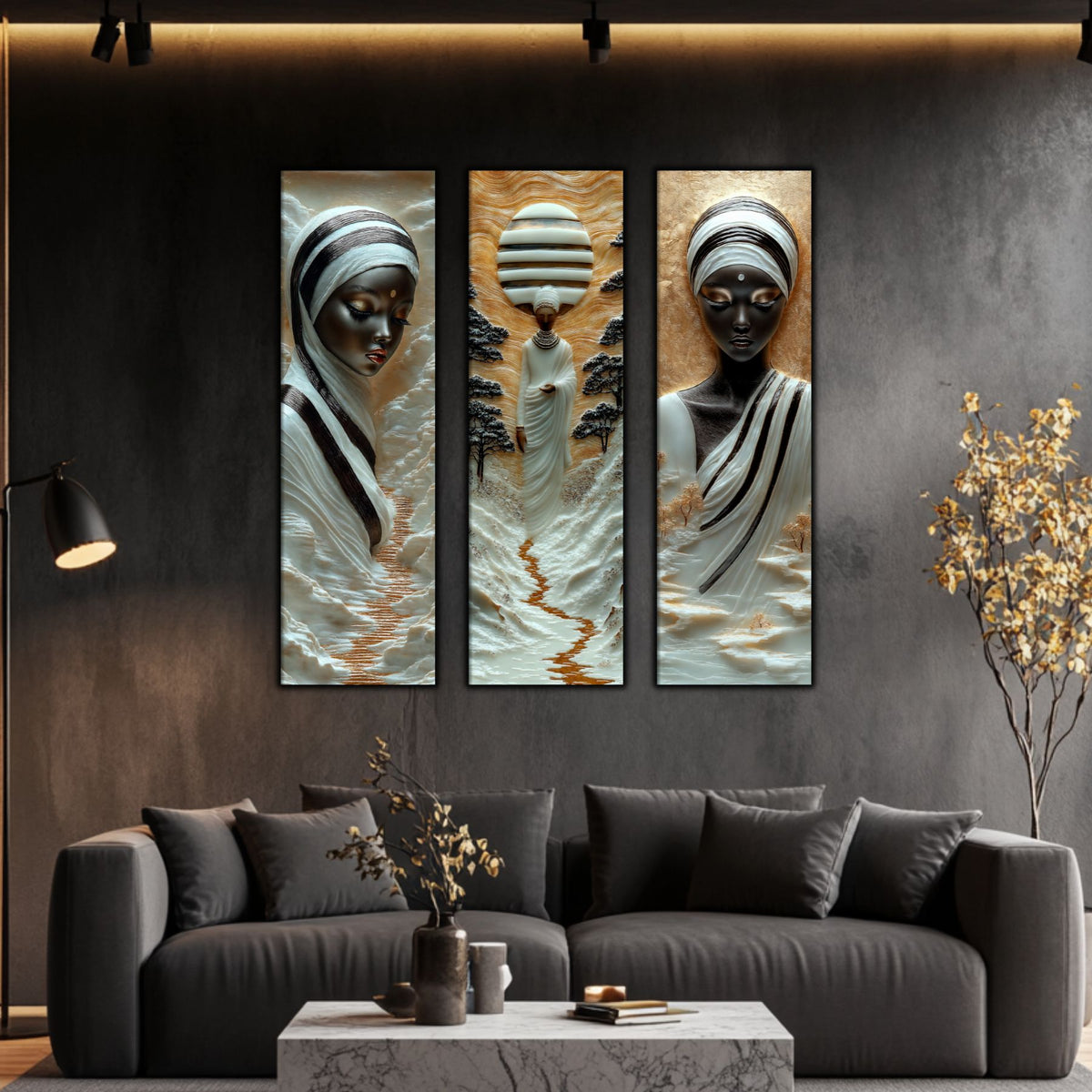 Set Tablouri pt Decorul Elegant al Livingului - 3 Tablouri pe Sticla - Veil of Serenity NO03