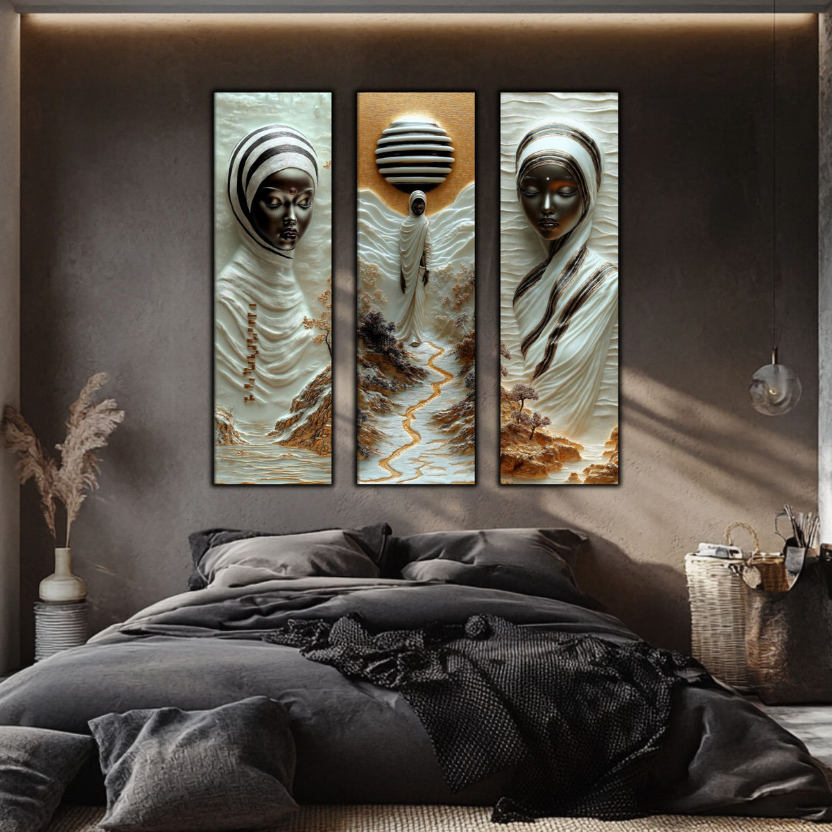 Set Tablouri pt Decorul Elegant al Livingului - 3 Tablouri pe Sticla - Veil of Serenity NO07