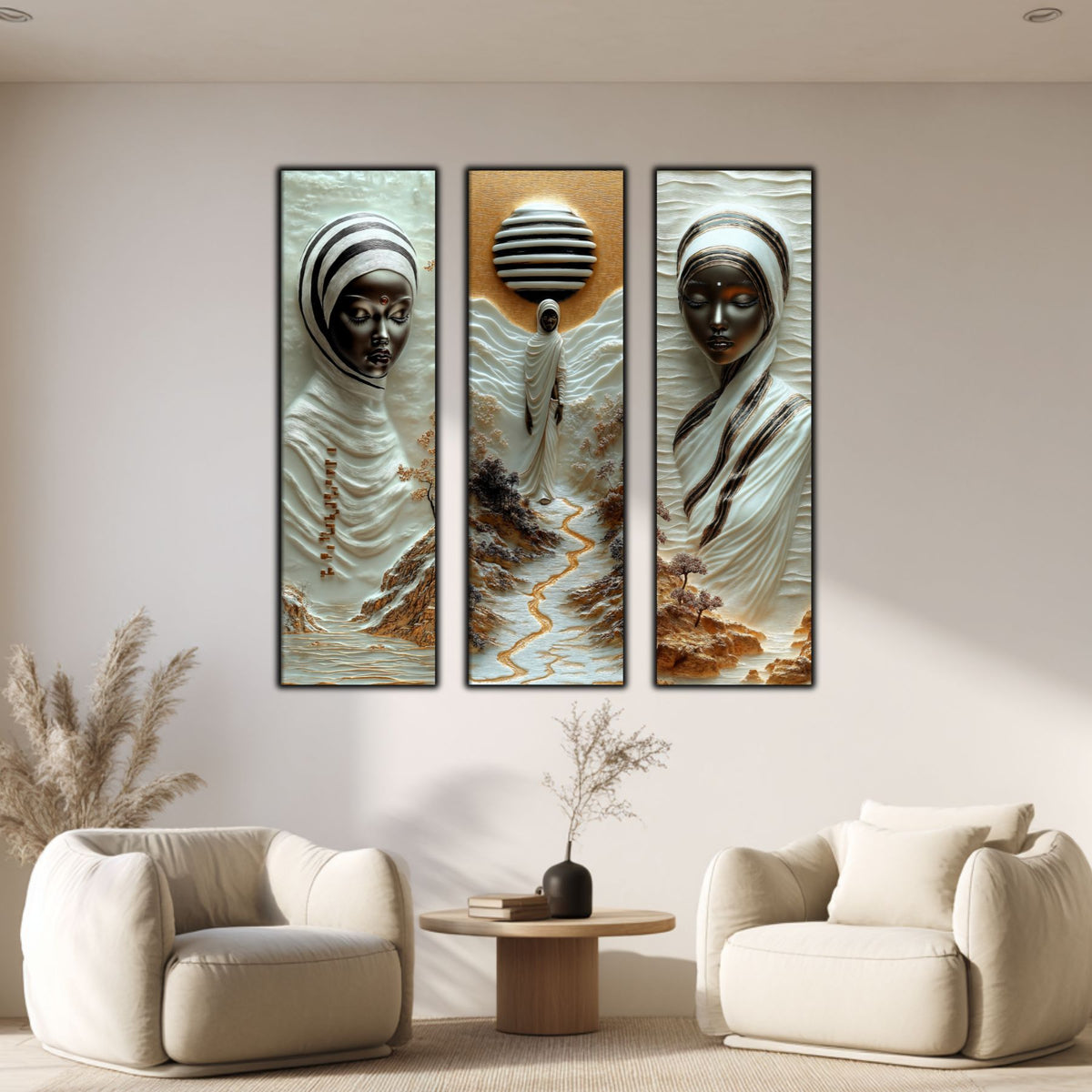 Set Tablouri pt Decorul Elegant al Livingului - 3 Tablouri pe Sticla - Veil of Serenity NO07