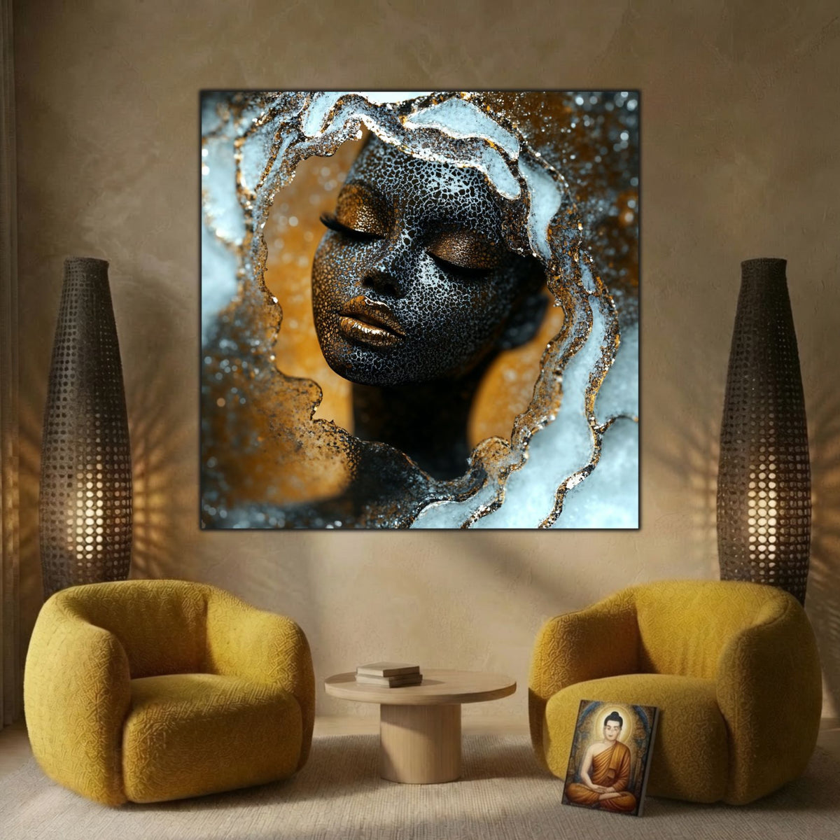 Tablou pătrat A Place to Unfold cu portret feminin și accente aurii, deasupra a două fotolii muștar, între lampadare perforate, pe perete bej.