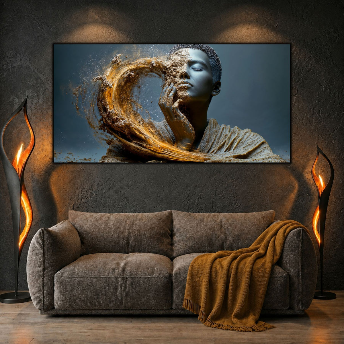 Tablou abstract living Atingerea pulberii de stele printat pe sticlă securizată panoramică deasupra unei canapele confortabile într-un decor contemporan cu lumini calde