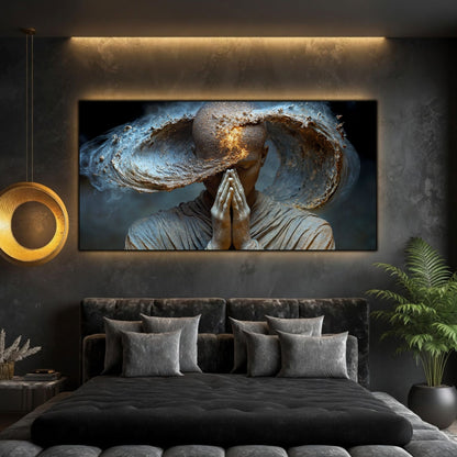 Tablou abstract living Coroana de pulbere cosmică printat pe sticlă securizată panoramică deasupra unui pat într-un dormitor contemporan elegant