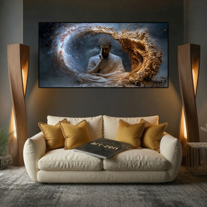 Tablou abstract living Ochiul galaxiei adormite printat pe sticlă securizată panoramică deasupra unei canapele crem într-un living elegant cu lămpi sculpturale de lemn