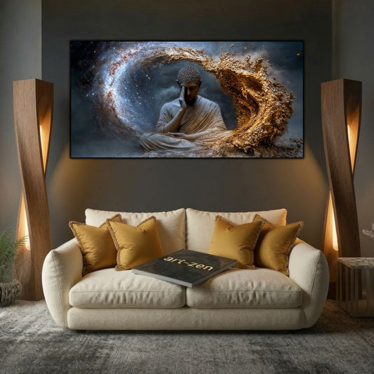 Tablou abstract living Ochiul galaxiei adormite printat pe sticlă securizată panoramică deasupra unei canapele crem într-un living elegant cu lămpi sculpturale de lemn