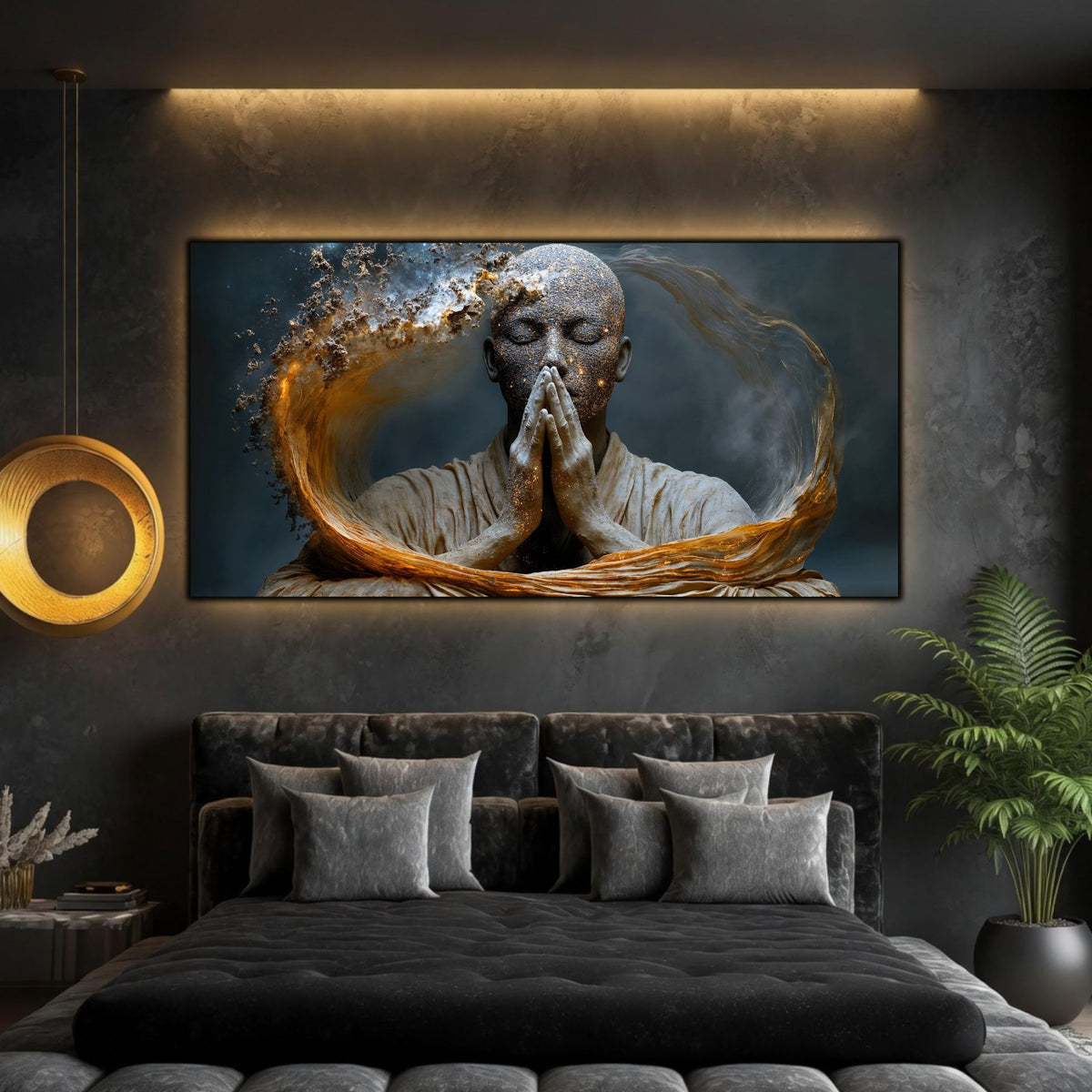 Tablou abstract living Rugăciune în pulbere de stele printat pe sticlă securizată panoramică deasupra unui pat într-un dormitor contemporan elegant
